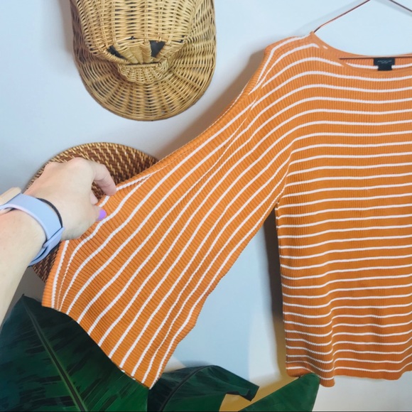 Ann Taylor Ribbed Orange White Bell Sleeve Blouse - Picture 8 of 8